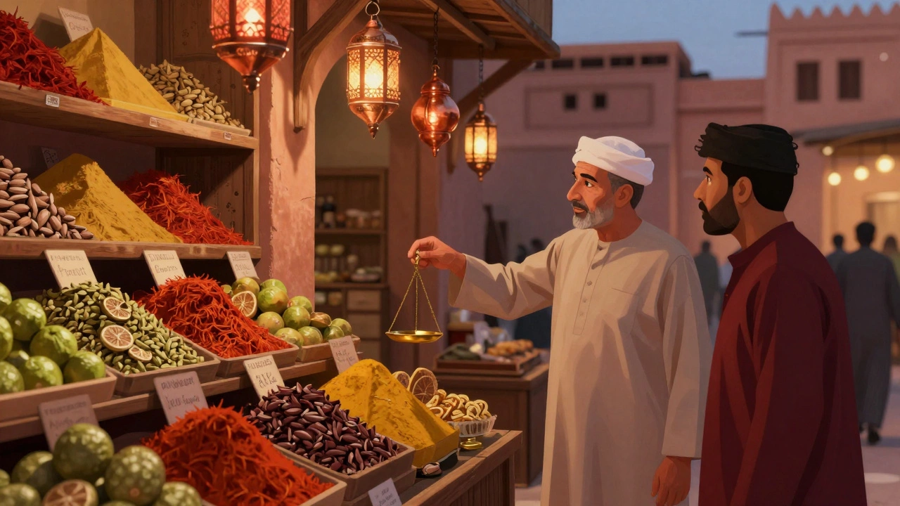 A hidden spice market in Al Fahidi at dusk, with shelves of colorful spices and warm lantern light.