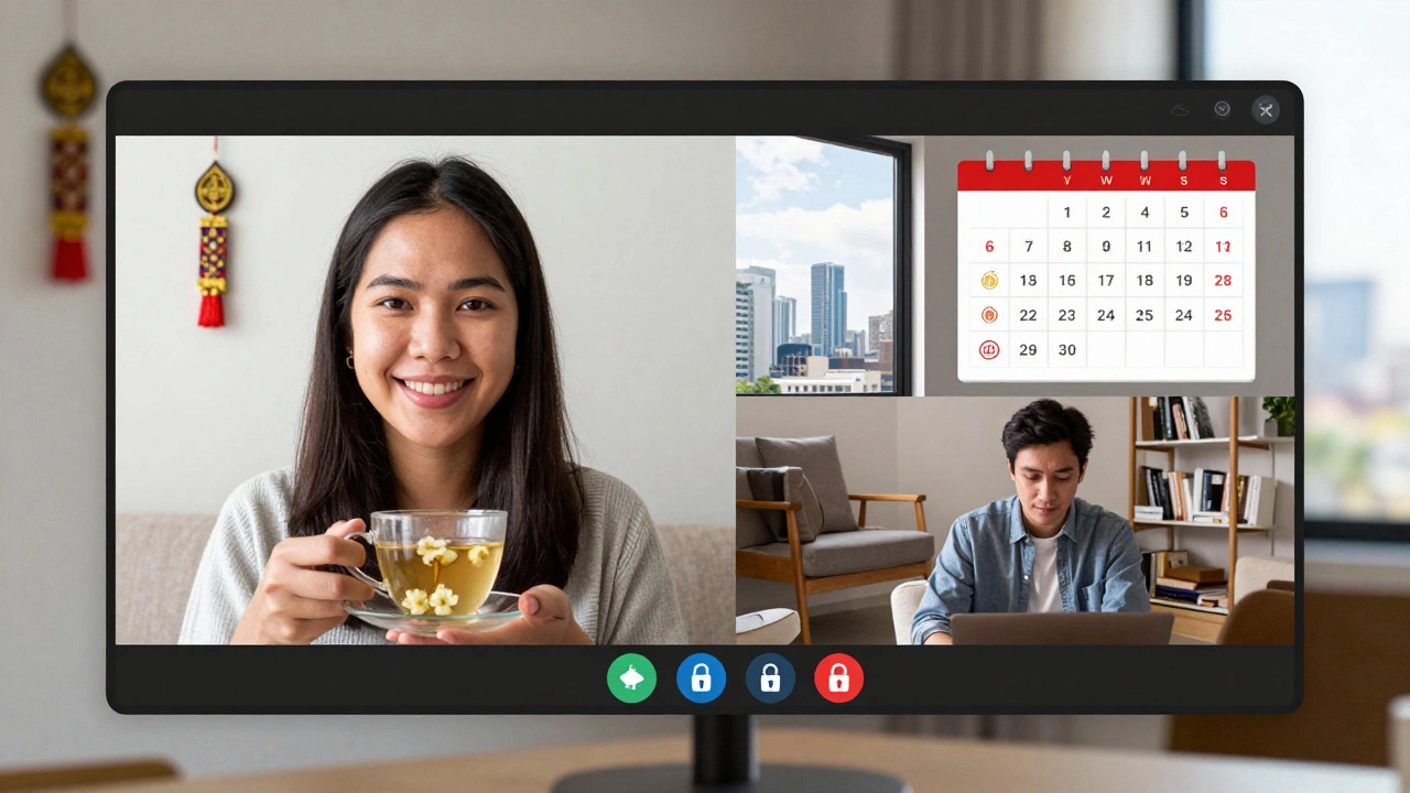 A secure video call between a Thai woman in a cozy room and a client in London, with cultural elements visible on both sides.