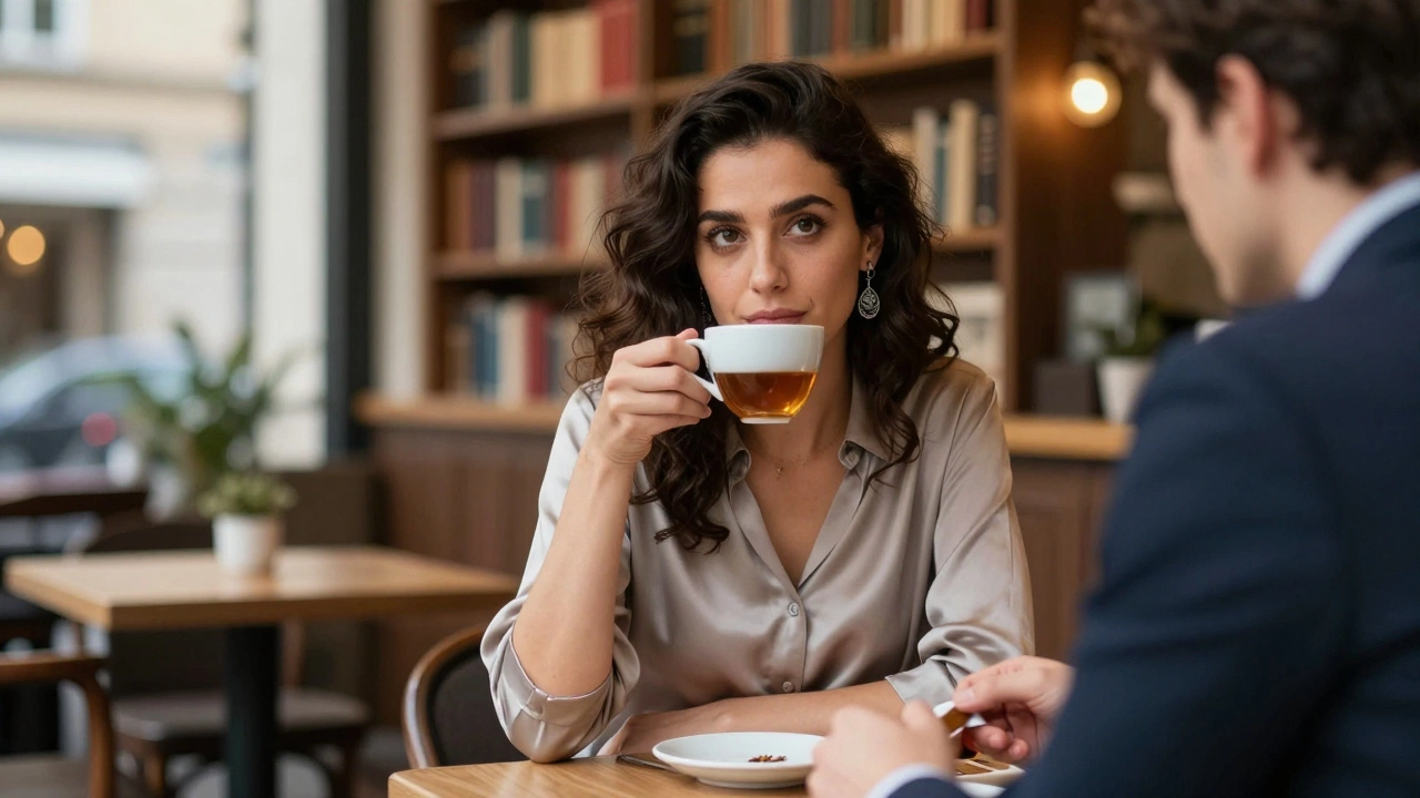 A woman in a silk blouse sipping tea at a coffee shop, engaged in quiet conversation with a client among bookshelves and soft lighting.