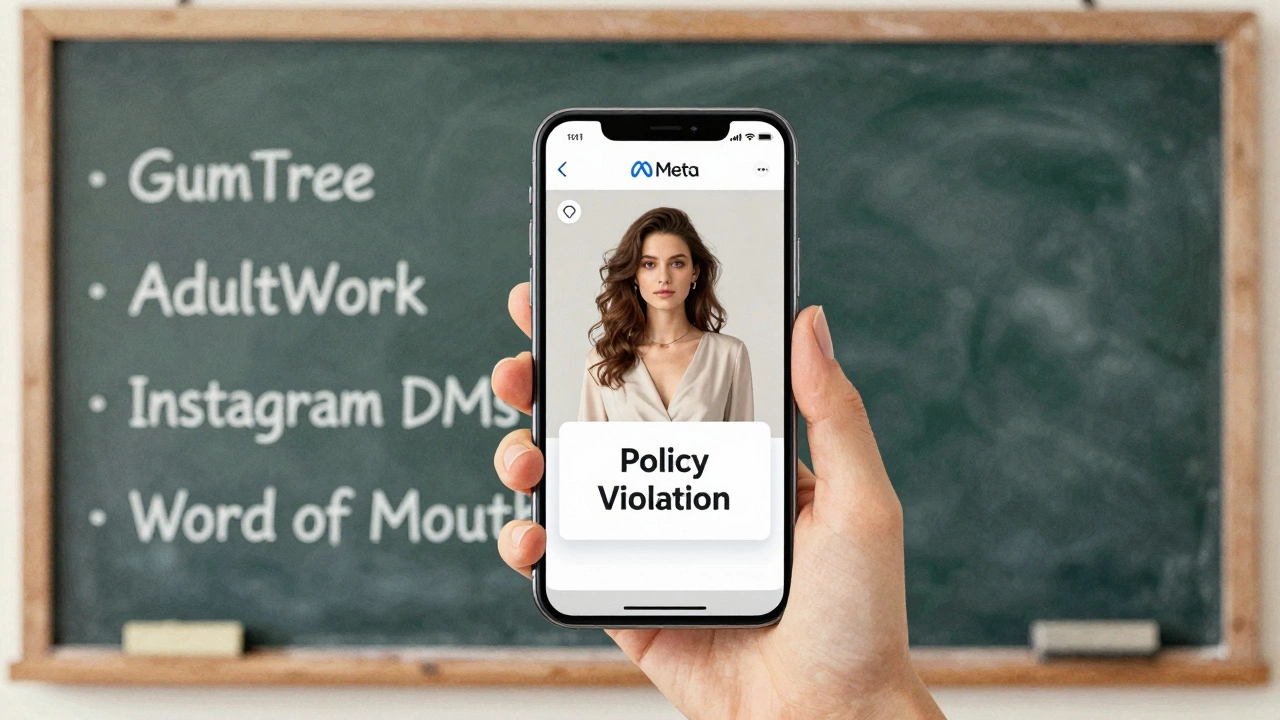 Smartphone displaying an ad rejection with alternative marketing methods on a chalkboard.