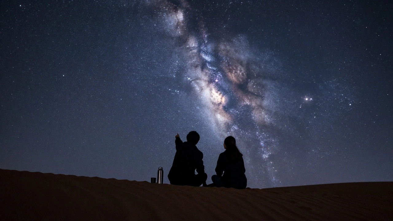 Two silhouettes on a desert dune under a starry sky, sharing a quiet moment in Dubai&#039;s wilderness.